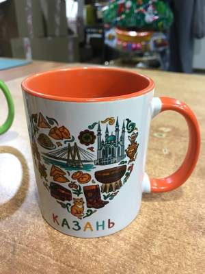 Кружка керамика Казань сердце 330мл оранжевая внутри и оранжевая ручка  