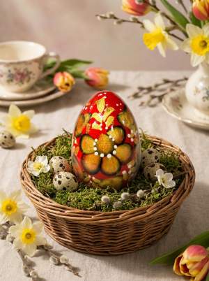 Яйцо дерево руч. роспись красн. золотой цветок 55х39 мм  