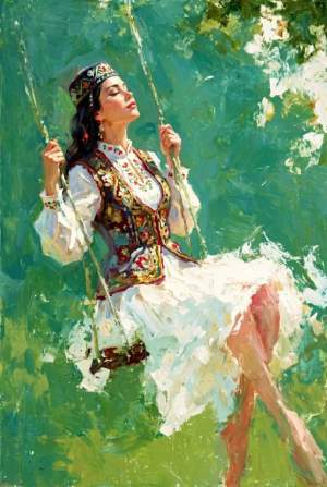 Открытка 10х15см Девушка на качелях   